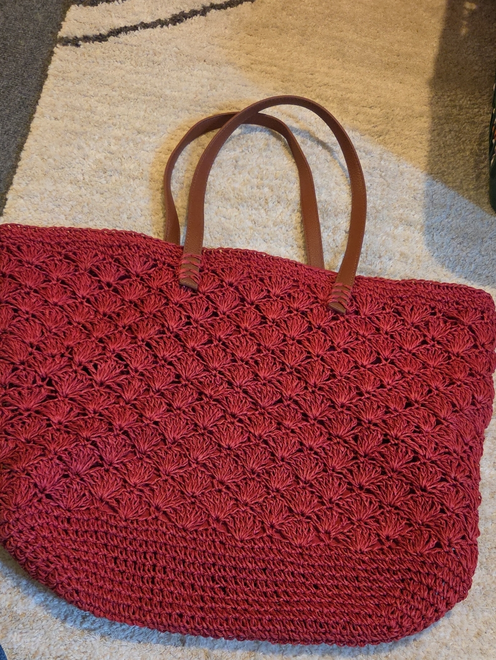 Papyrus Red Woven Tote with Brown Shoulder Straps